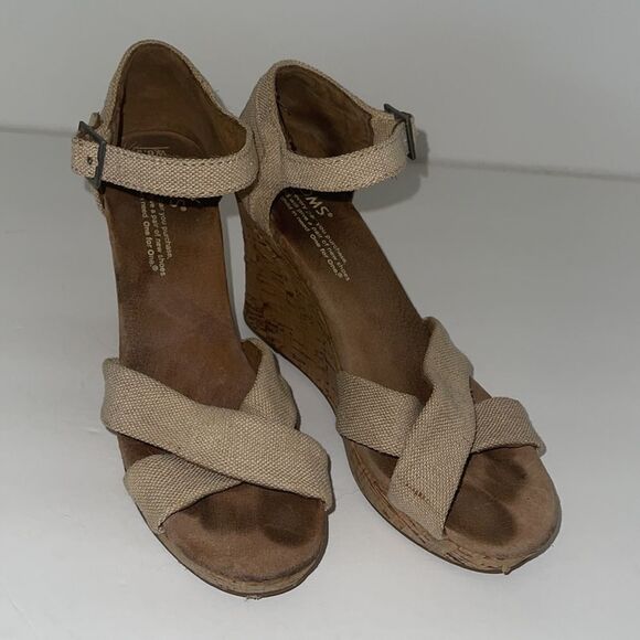 TOMS Sienna Burlap Ankle Strap Cork Wedge Sandals size 6.5 - Picture 2 of 5